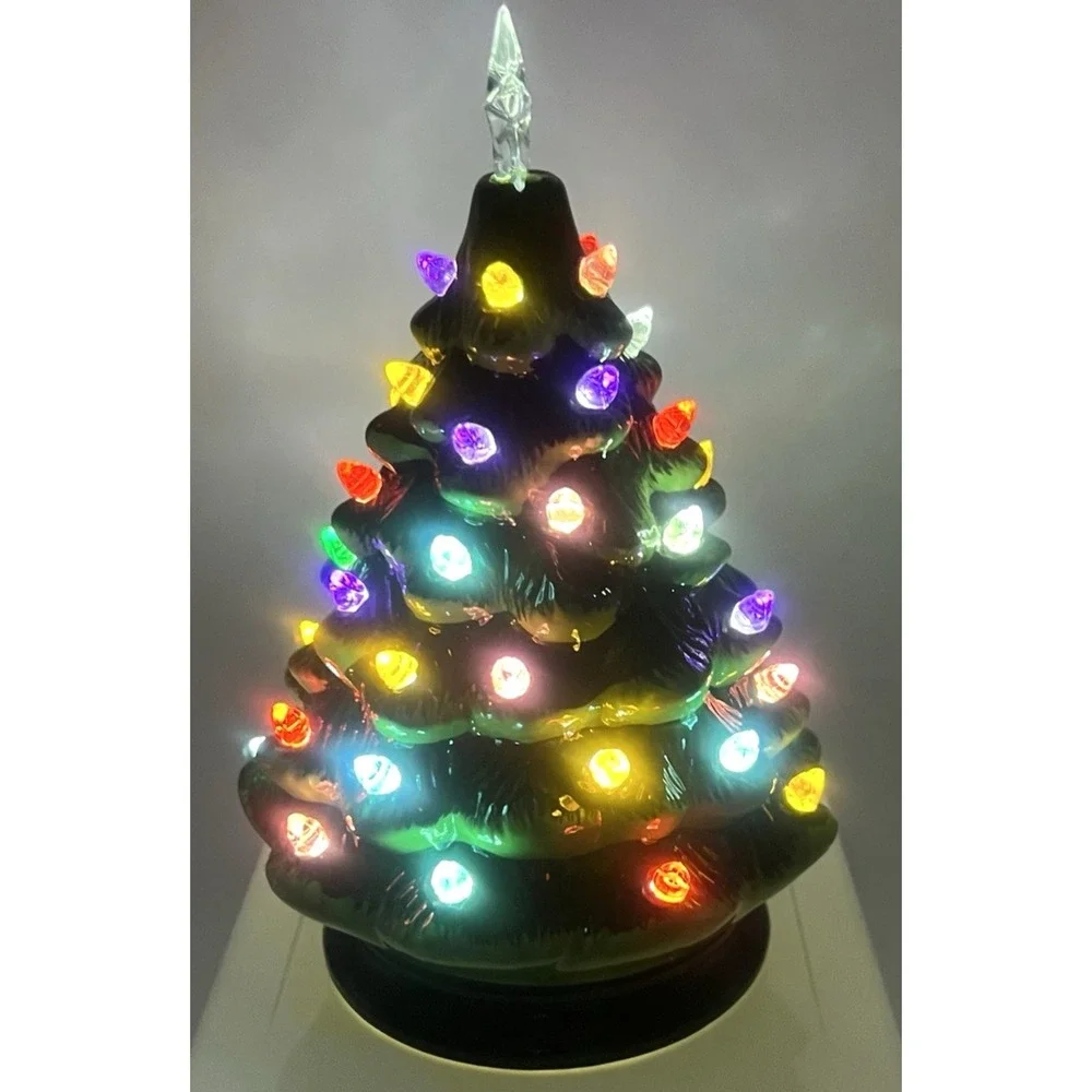 RAZ Imports Green Ceramic Lighted Christmas Tree Multi Color Batteries